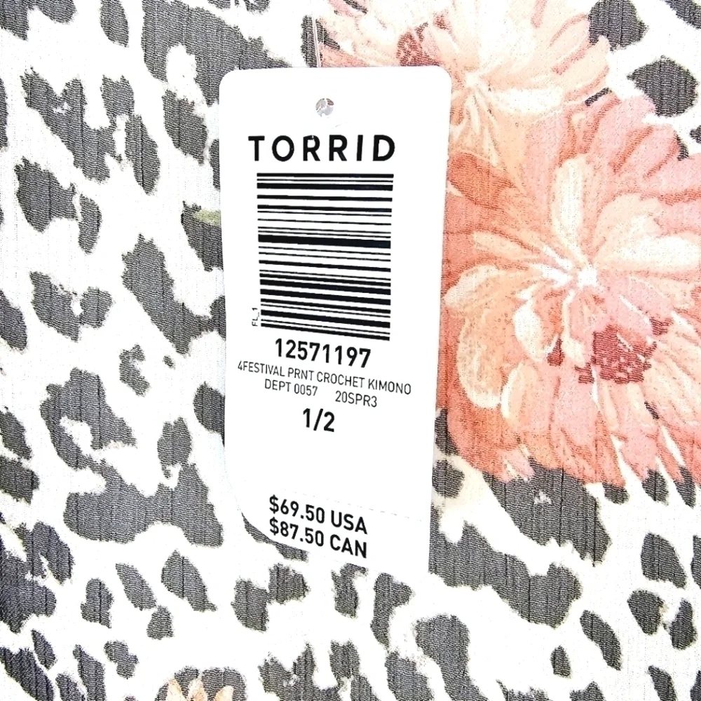 NWT Torrid Crochet Trim Leopard-Floral Print Long Line Women's Kimono Size 1/2